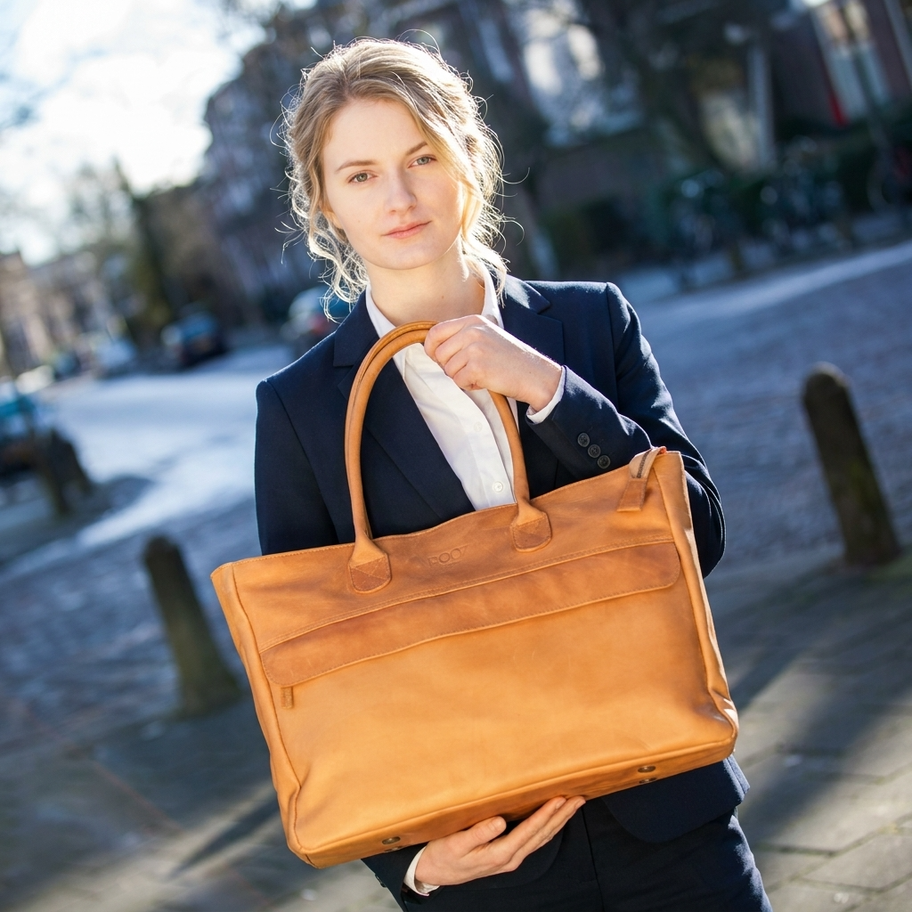 ROOZ Amsterdam PARIS leren dames laptoptas in naturel leer