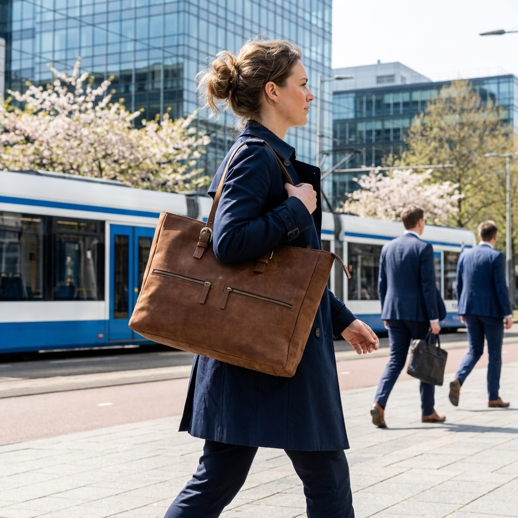 ROOZ Amsterdam LONDON leren dames laptoptas gedragen door zakenvrouw